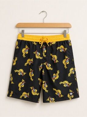 Neff Boy XL 14/16 Black Duck Print Swim Trunks Board Shorts Drawstring Waistband
